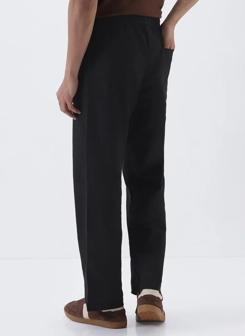 Urbano Fashion  Urbano Fashion Men's Black Loose Fit Solid Linen Blend Trousers Non-Stretchable for Men | Best Price UAE